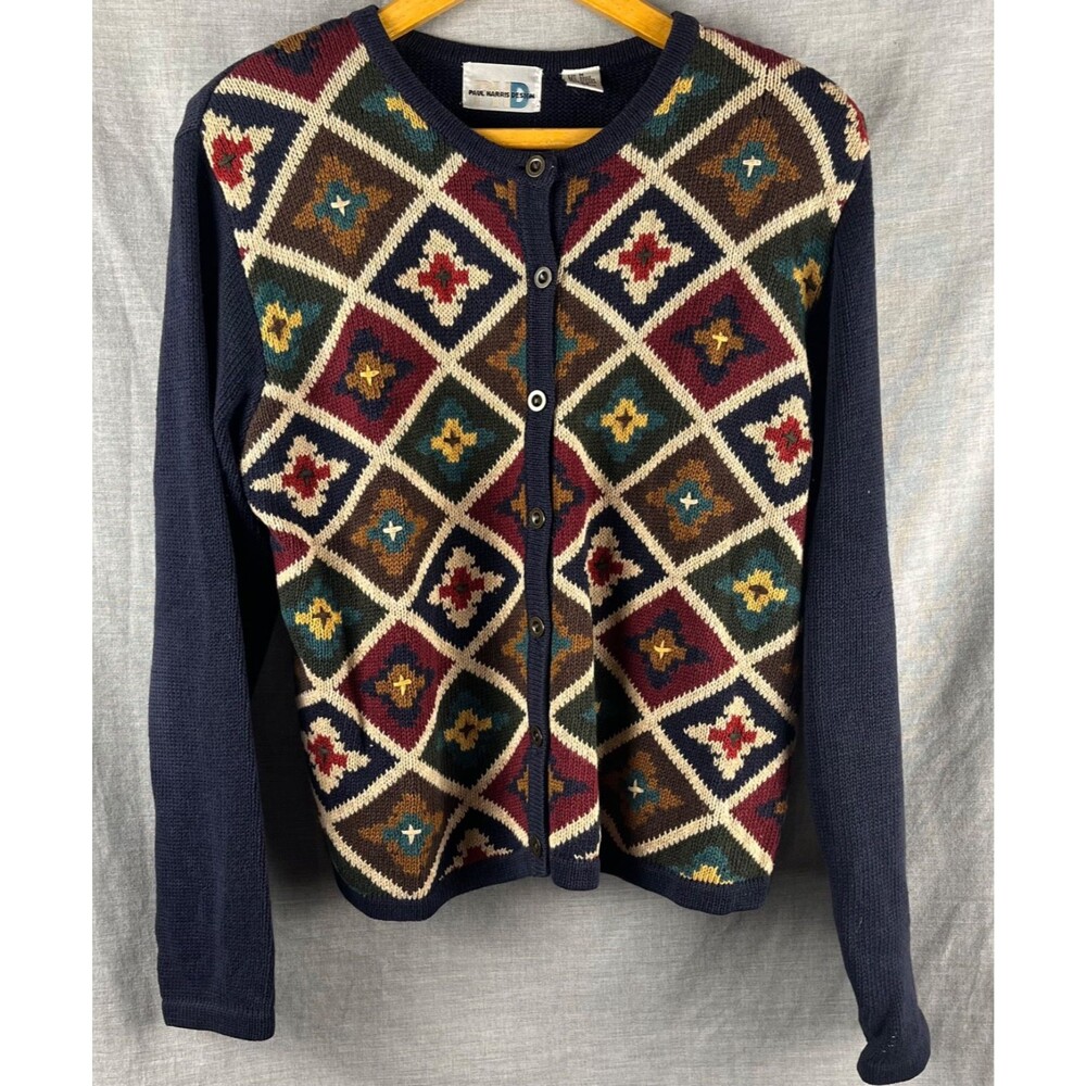 Vtg Paul Harris Design Cardigan Women's Size M Navy Cotton Blend Autumn Fall